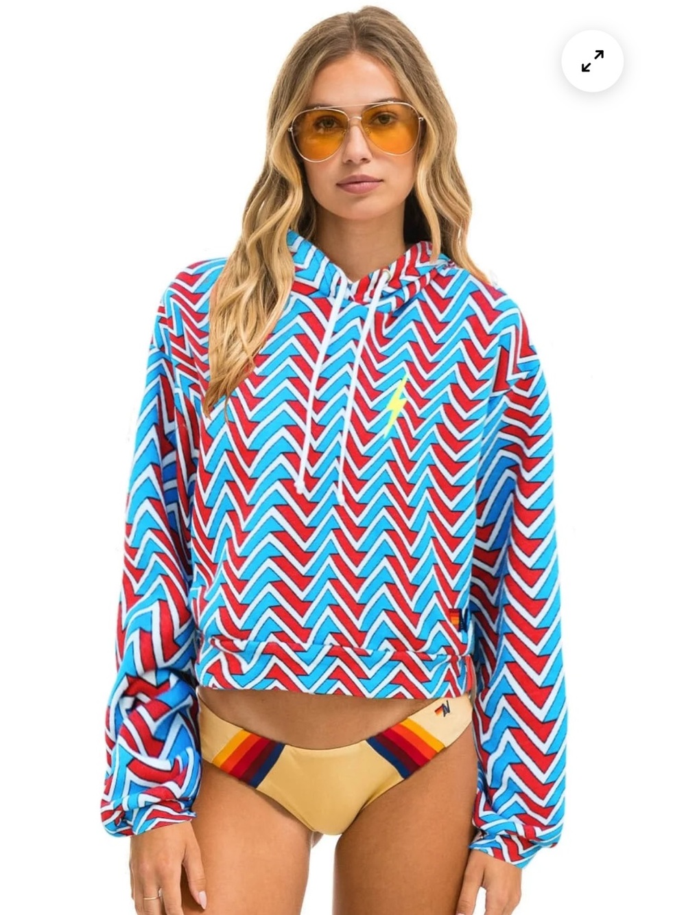 Aviator Nation Geo Zig Bolt Embroidery Relaxed Crop Pullover Hoodie Red Blue L